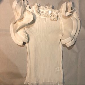 White poly top with pleating and cool sleeves.